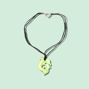 Green/Gold Intertwined Dolphin Pendant Necklace with Black Chord